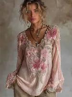 Vintage Pink Lily Floral Glitter Lace Flowy Linen Tunic
