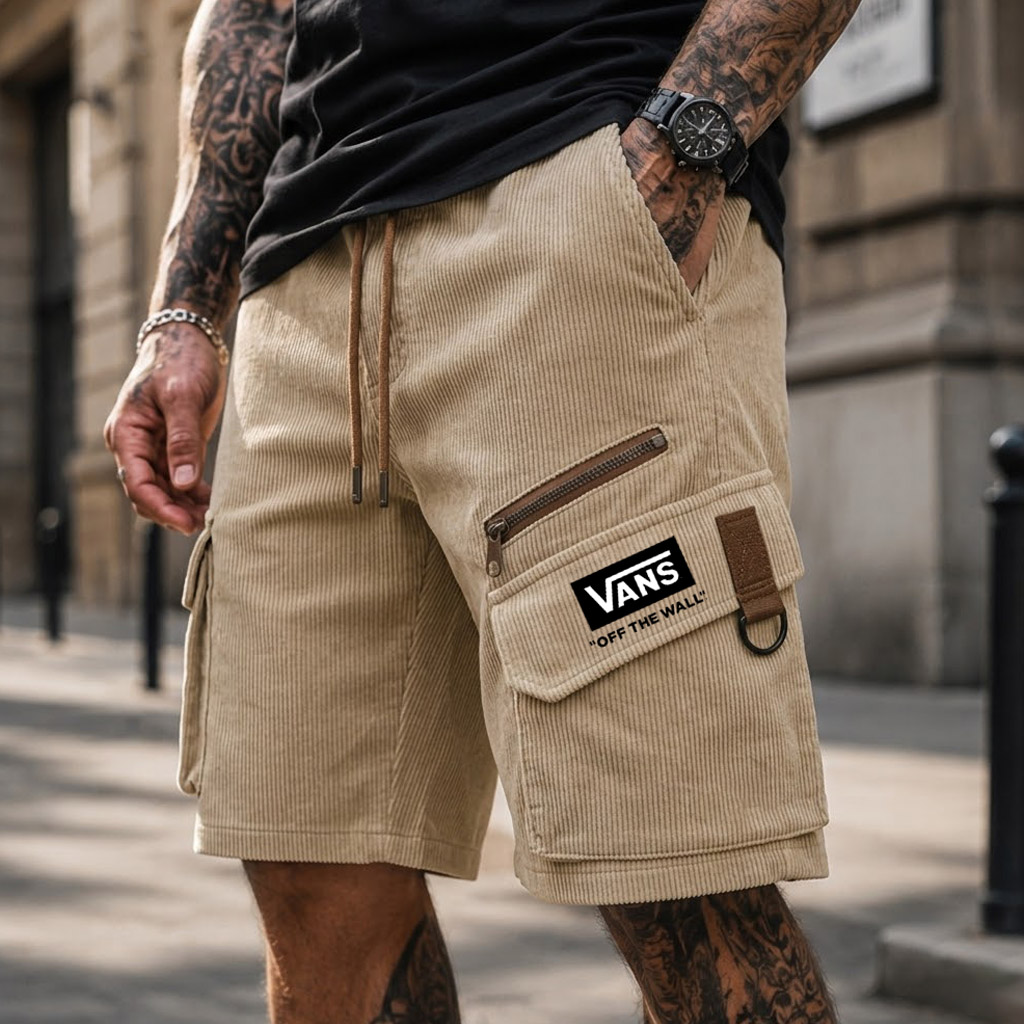Men's Vintage Surfing Corduroy Workwear Zipper Pocket Drawstring Cargo Shorts