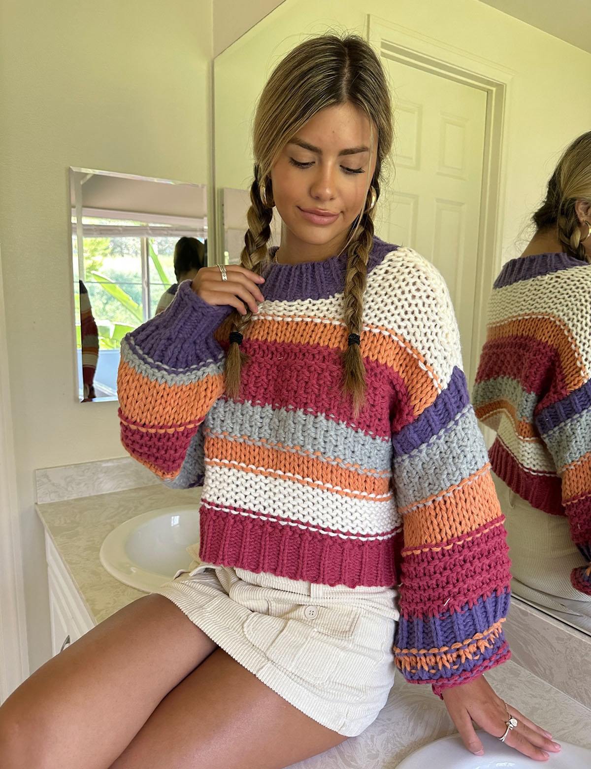 Chic Contrast Color Stripe Crewneck Pullover Sweater