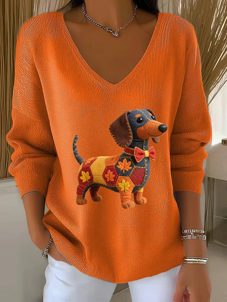 Women's Autumn Dog Art Print  V-Neck Ribbed Top