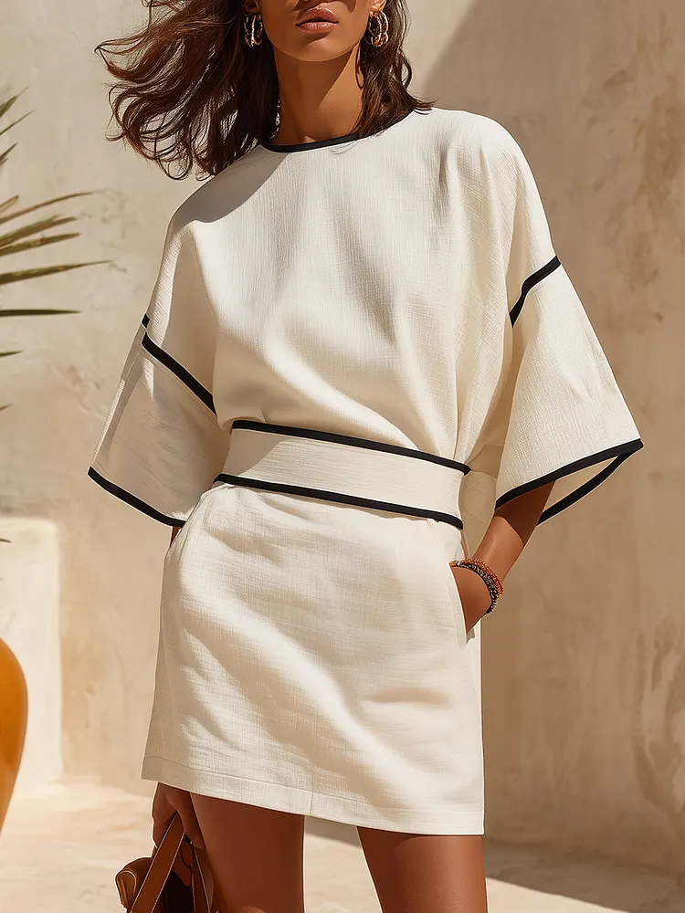 Retro-elegant Color-blocked Trim Mini Dress