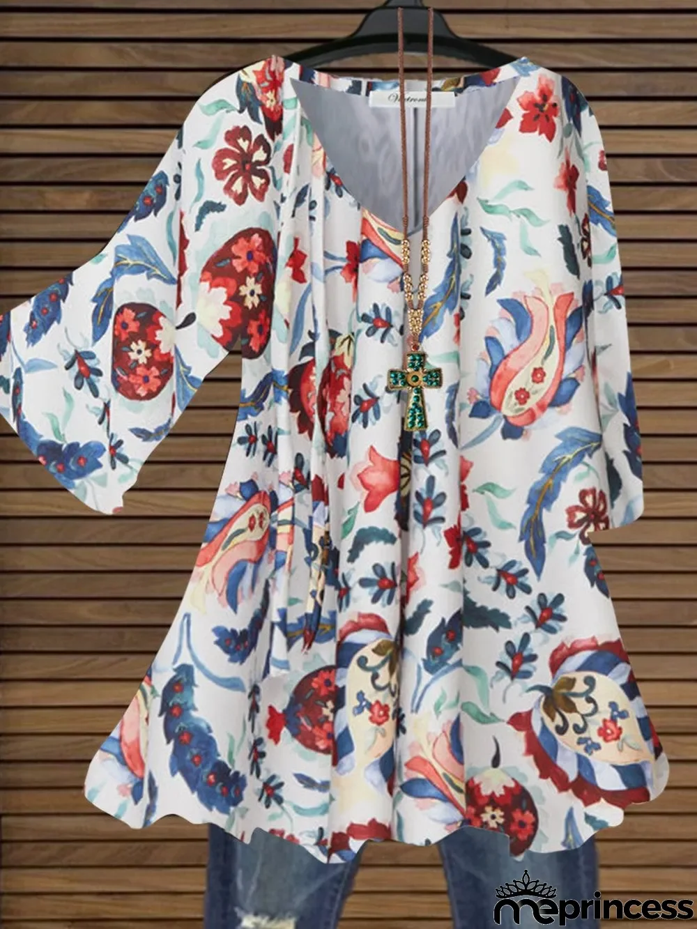 Women 3/4 Sleeve V-neck Floral Printed Graphic Top