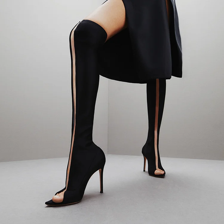 Black Peep Toe Thigh Boots Women's Vintage Stiletto Heel Vegan Suede Boots |FSJ Shoes
