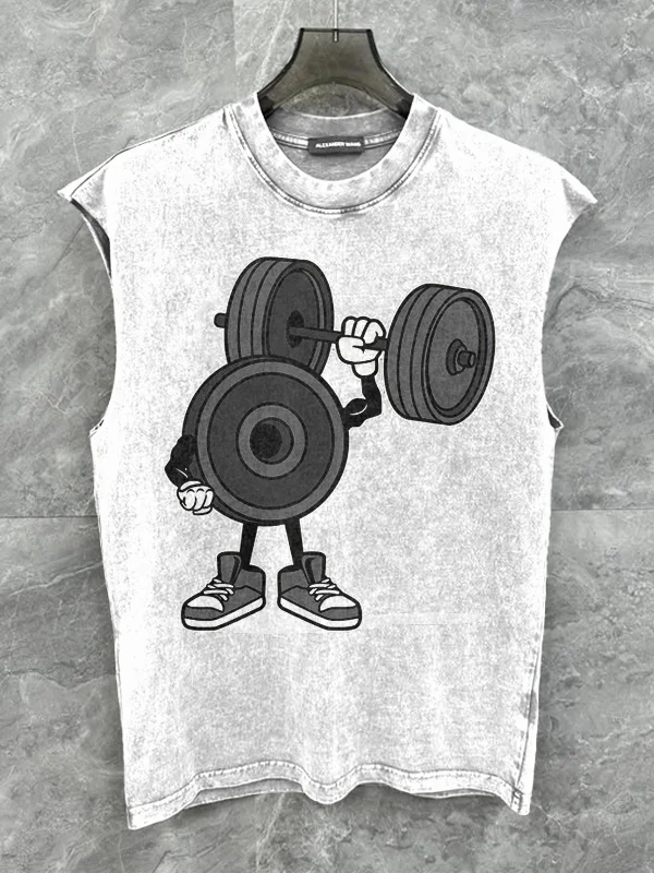 Men's Fitness Dumbbell Cartoon Graphic Print Cotton Tank Top