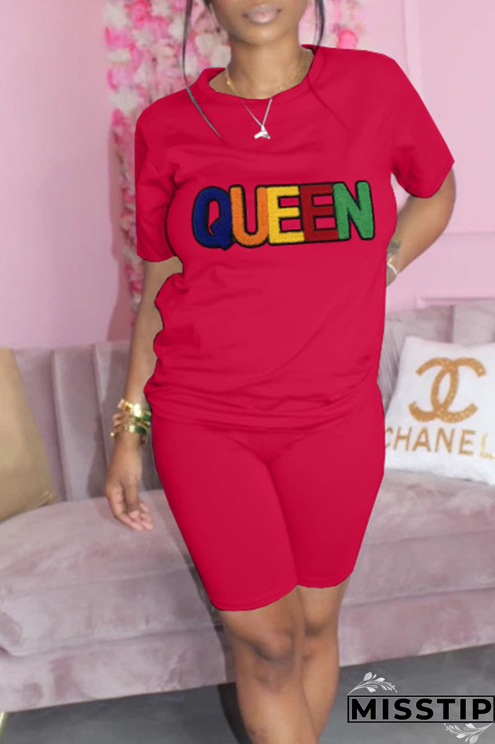 Red Casual Solid Embroidered Patchwork O Neck Short Sleeve Two Pieces