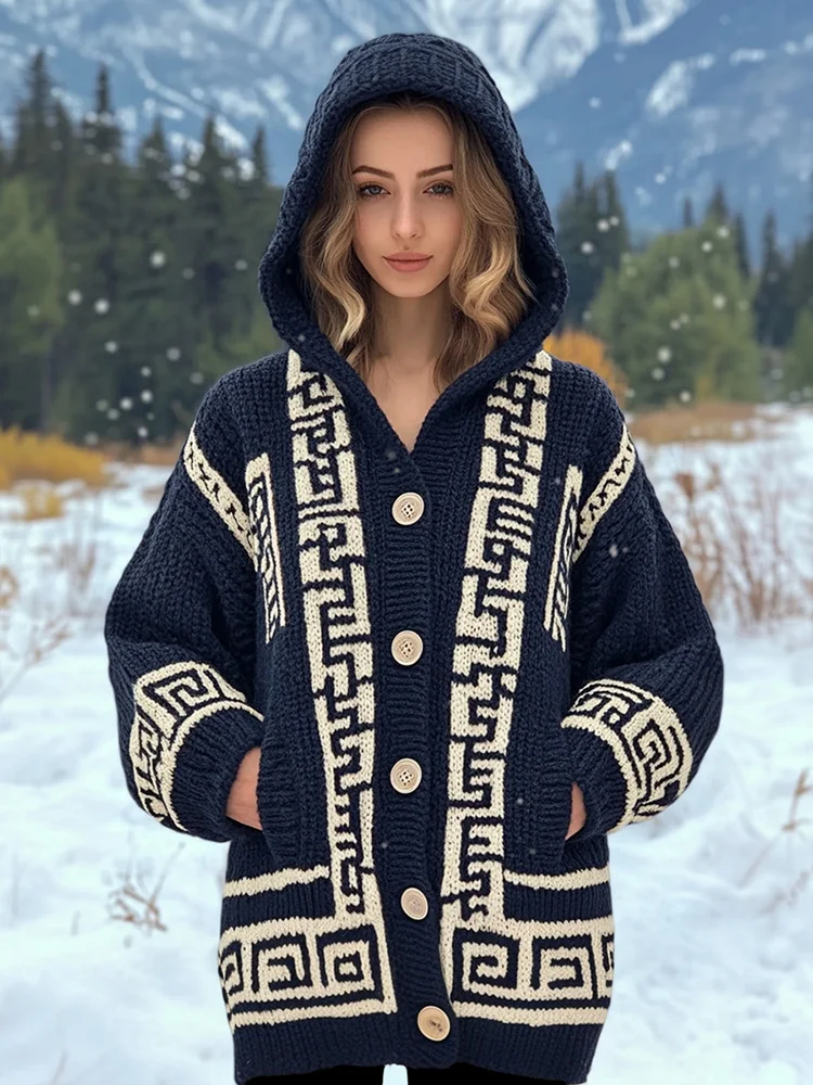Greek Key Pattern Cozy Hooded Cardigan