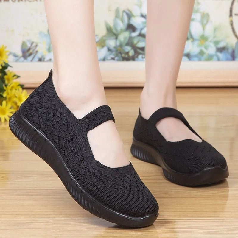 2021 Sport Mary Janes Flats  Women Knit Mesh Sneakers Breathable Summer Shoes Ladies Casual Flat Shoes Comfortable Loafers Black