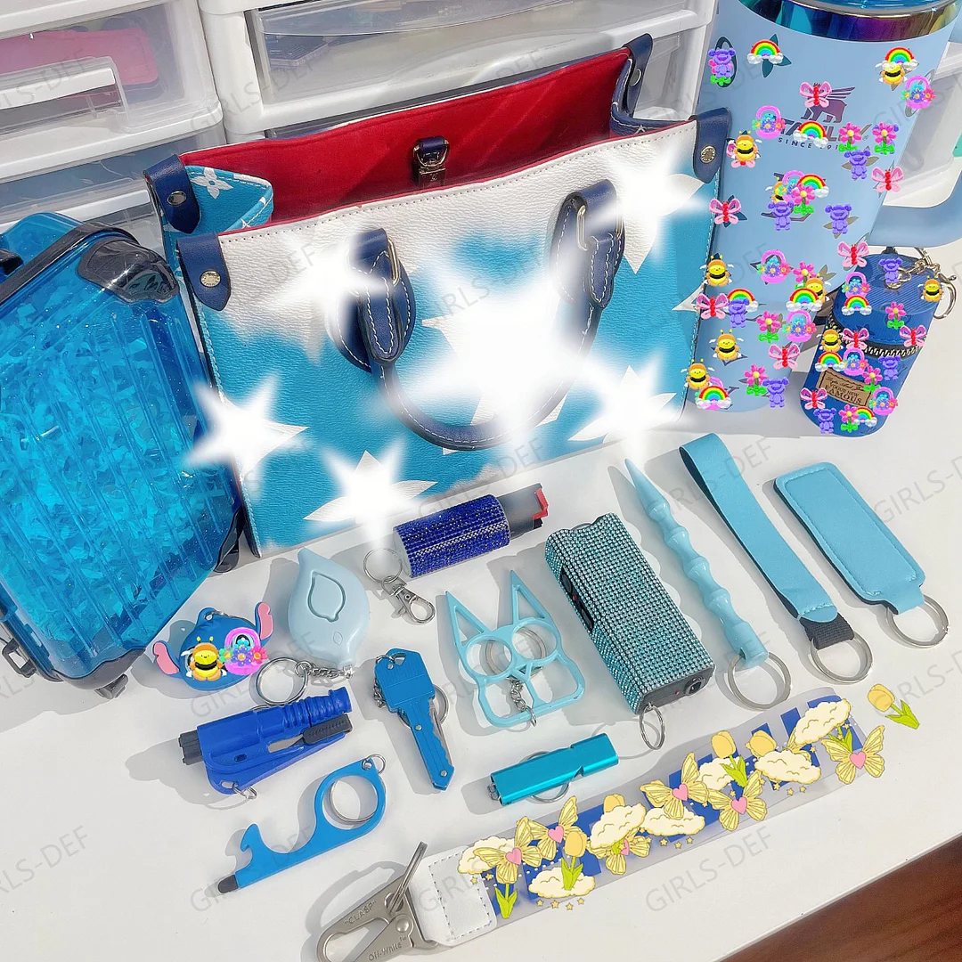 (NEW) Blue White 3rd Gen French Designer Tote Bag self defense keychain with Tumbler