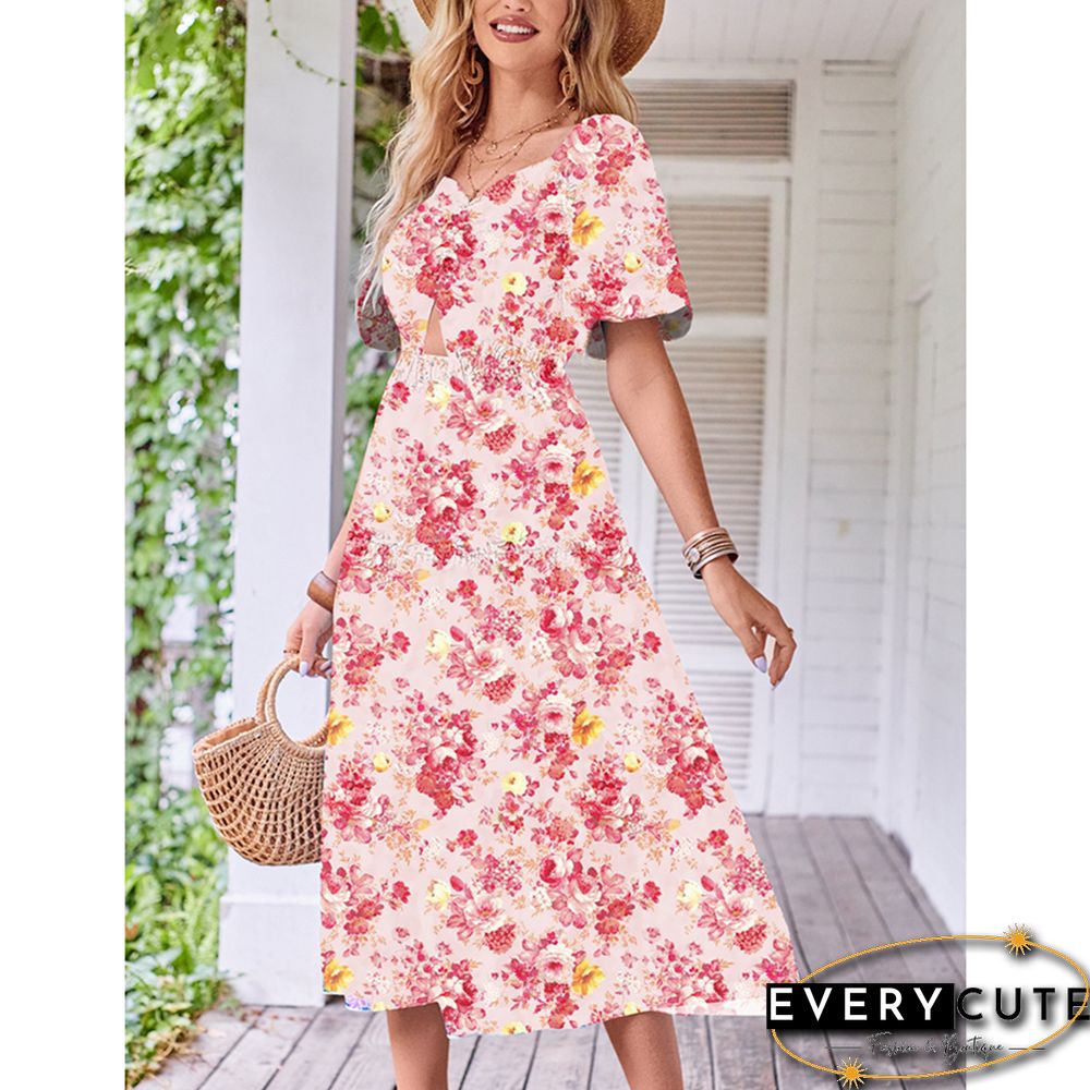 Light Pink Puff Sleeves Back Pleated Floral Dress