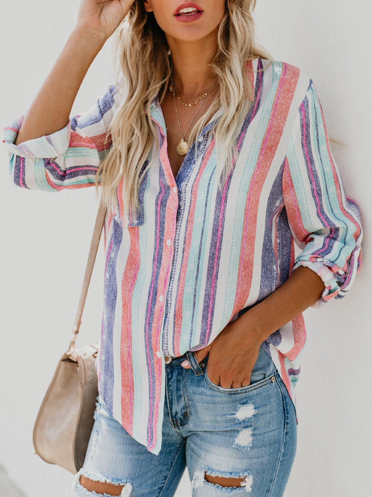 Multicolor Striped Casual Shirt Collar Buttoned Blouses & Shirt