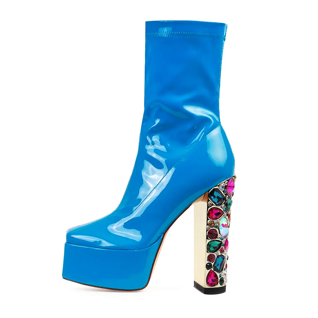 Blue Patent Leather Square Platform Boots Rhinestone Decorative Heel Boots Nicepairs