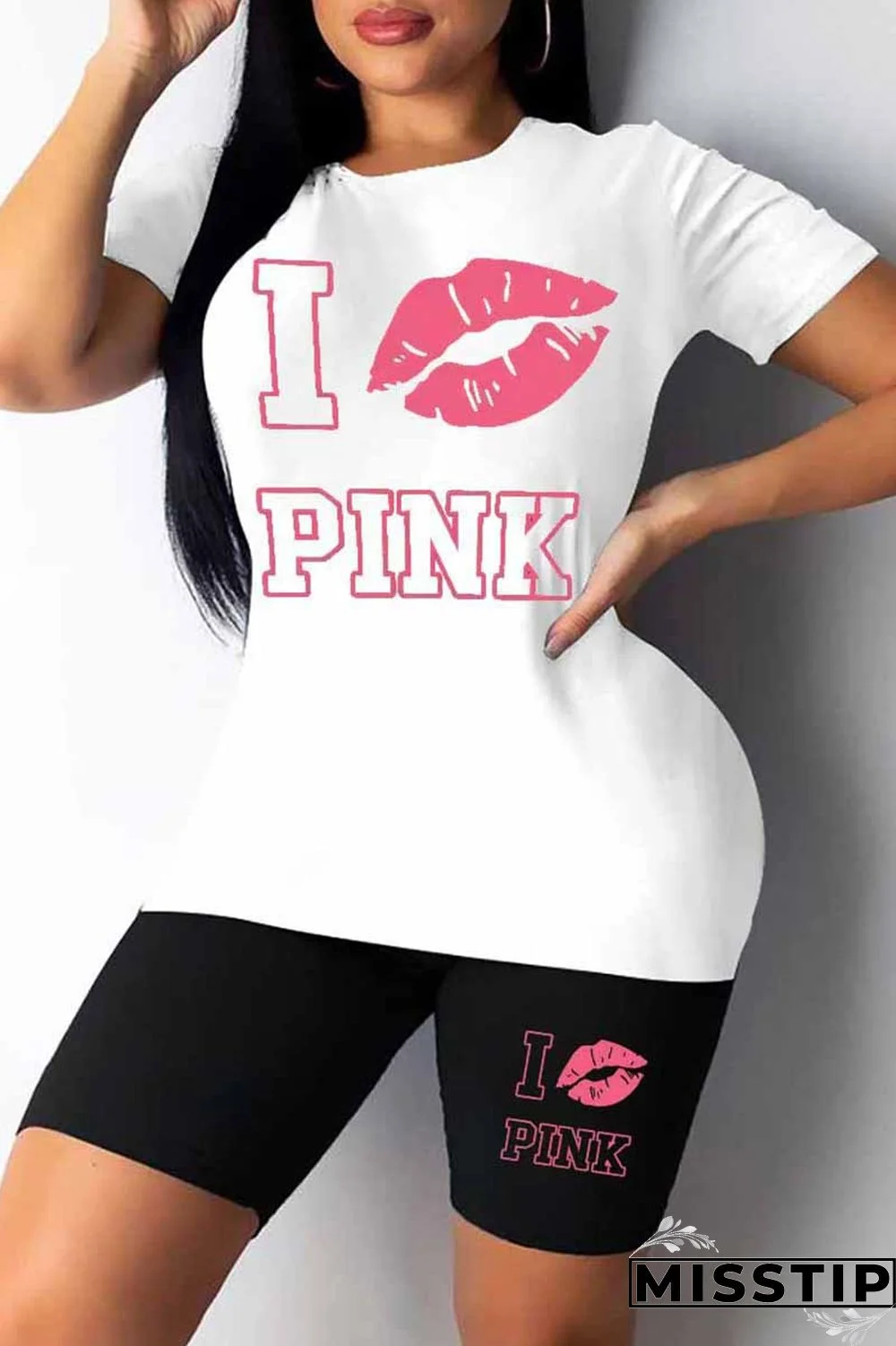 Black Casual Street Print Letter O Neck Plus Size Two Pieces