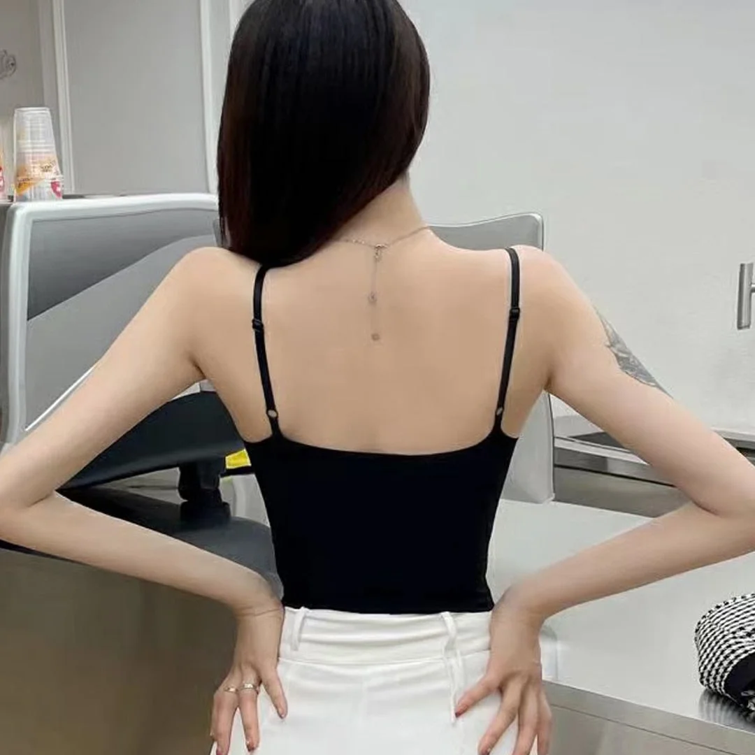 Sexy Deep V Satin Crop Tops Women T-shirt Cropped with Chest Padded Camisole Camis Korean Fashion Clothing Solid Tank Top