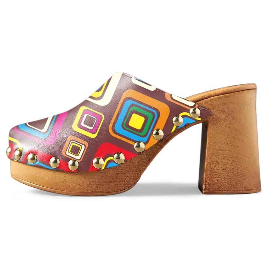 Multicolor Round Toe Platform Ddecorative Studded High Heel Mules