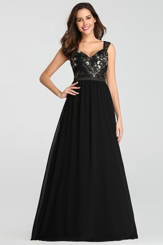 Elegant Black Long Prom Dresses Appliques Straps Chiffon Evening Gowns - lulusllly