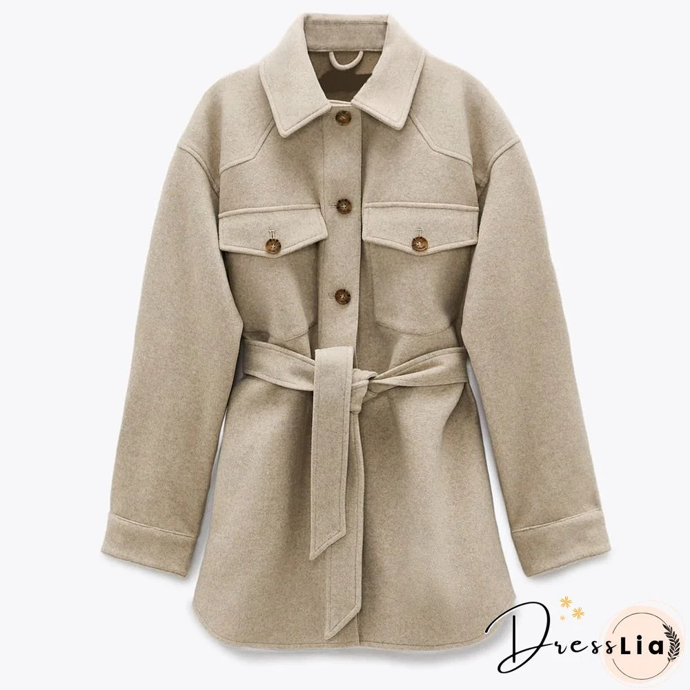 Women Fashion With Belt Loose Woolen Jacket Coat Vintage Long Sleeve Side Pockets Female Outerwear Chic Overcoat