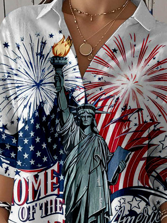 Women 3/4 Sleeve Shirt Collar National Flag Printed Graphic Button Tops