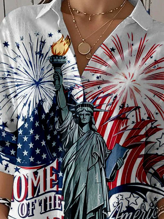 Women 3/4 Sleeve Shirt Collar National Flag Printed Graphic Button Tops