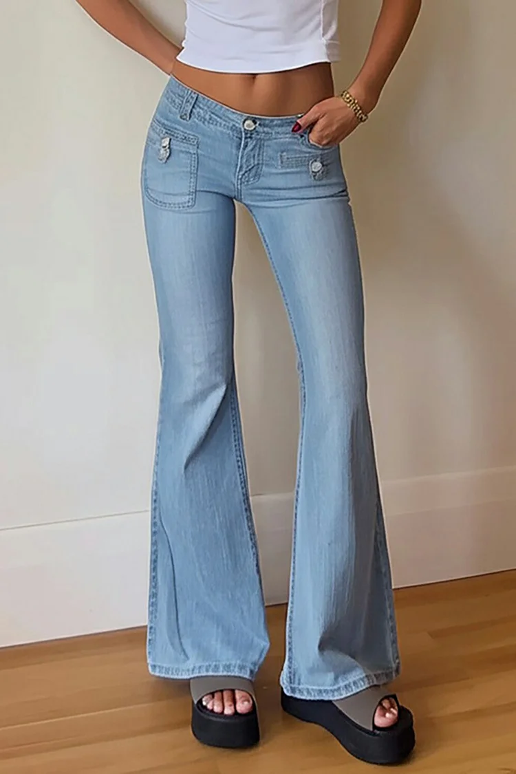 Denim Low-Rise Casual Flare Jeans-Blue