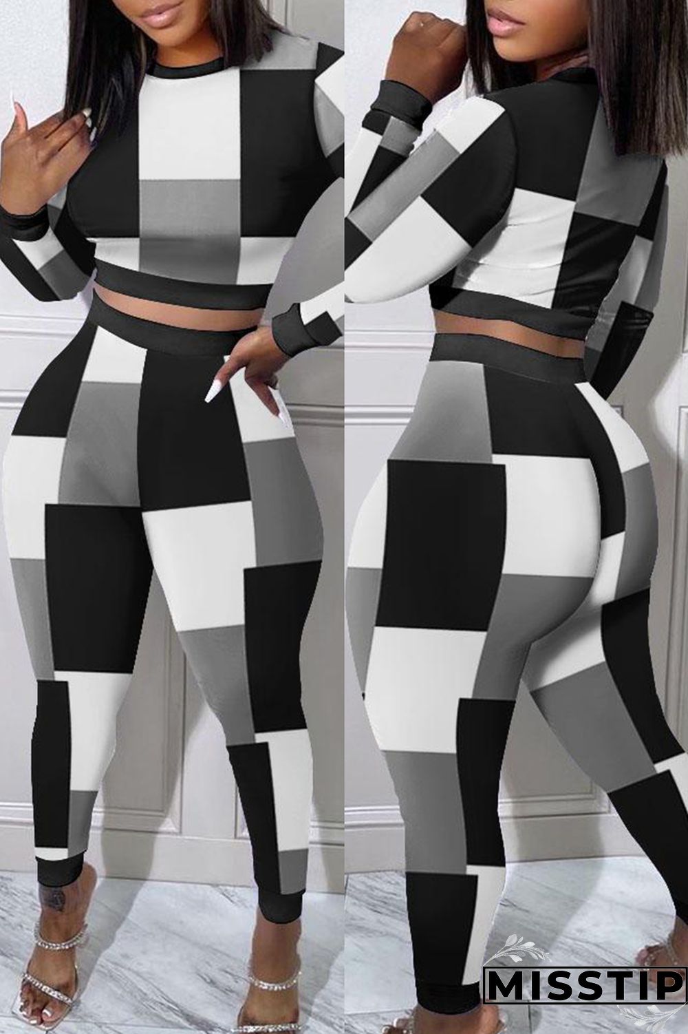 Black Casual Print Patchwork O Neck Long Sleeve Two Pieces