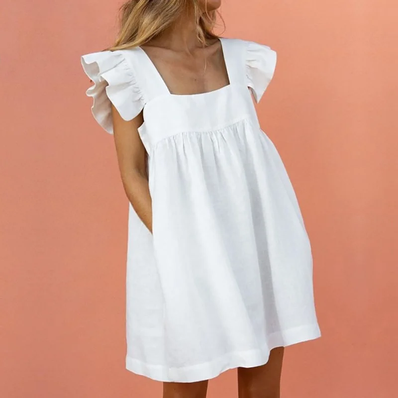 White Short Sleeve Shift Solid Weaving Dress