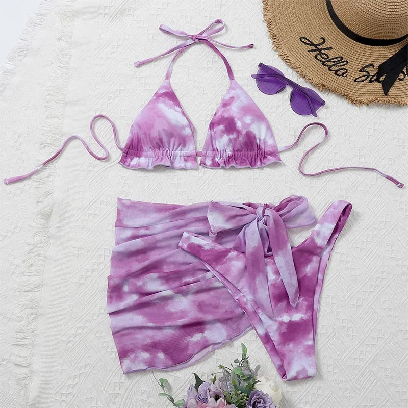 Peachtan Tie dye bikini 2021 Skirted swimsuit women High cut 3 piece suit halter swimwear female Triangle bathing suit Backless
