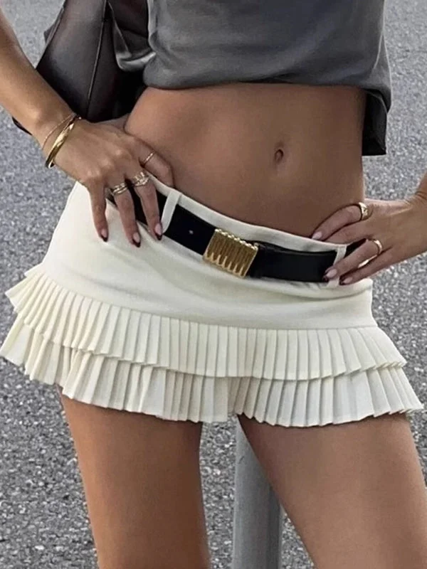 Loose No Belt Pleated Solid Color Skirts Bottoms