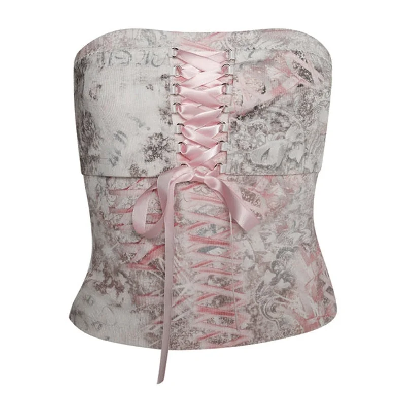 Toloer Printed Corset Pink Ribbon Tie-Up Tube Top-Outfit Ideas