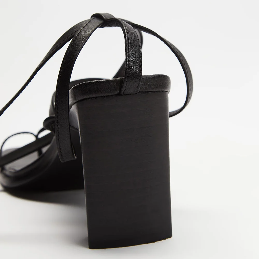 Classic Black Square Toe Chunky Heel Ankle Strap Lace Up Sandals