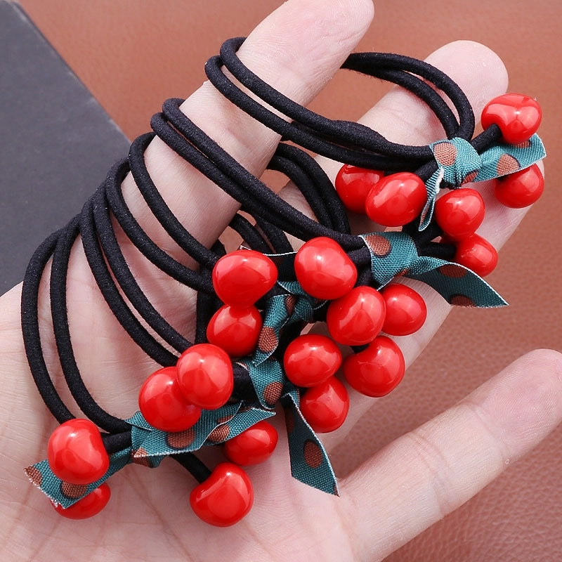 Korean Cherry Head Strap Rubber Band Cute Hair Ring Double Strand Red Apple Bow Hair Strap Mori Women’s Pony Tail Headwear