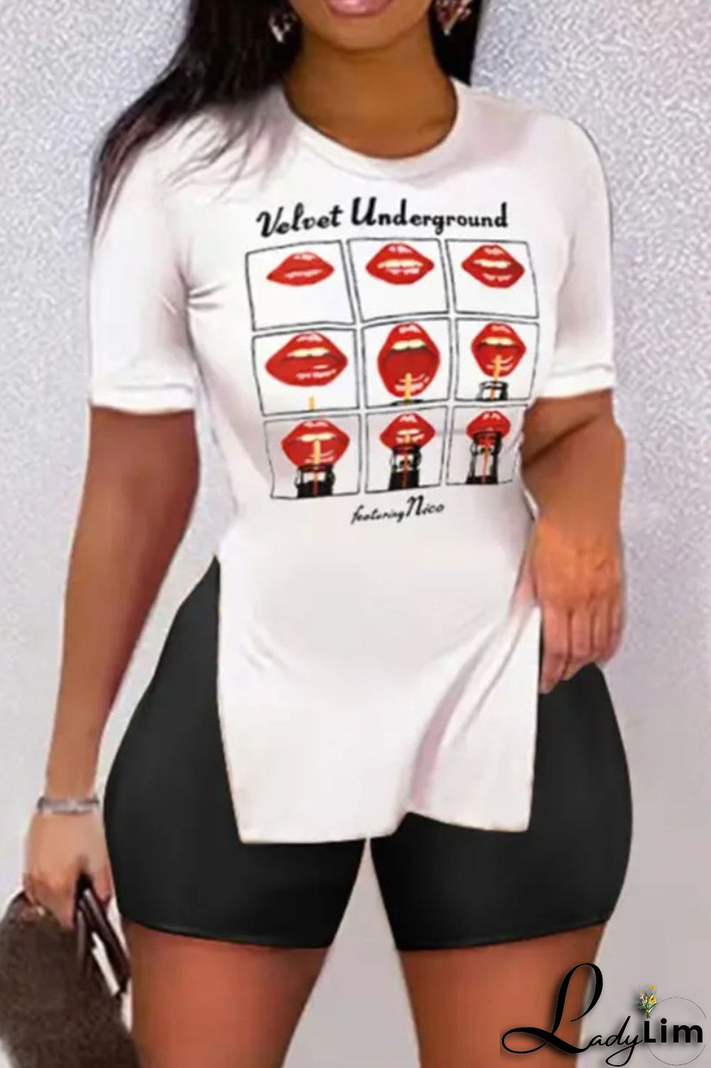 Black Casual Print Split Joint Slit O Neck Short Sleeve Two Pieces
