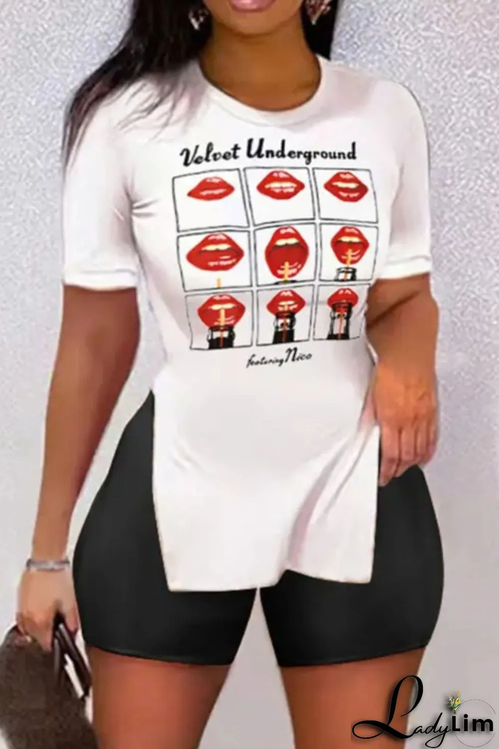 Black Casual Print Split Joint Slit O Neck Short Sleeve Two Pieces