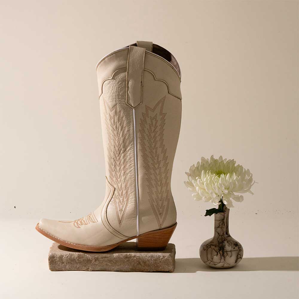 Ivory Vegan Leather Sophisticated Snip Toe Floral Embroidery Inlay Cowgirl Block Heeled Boots