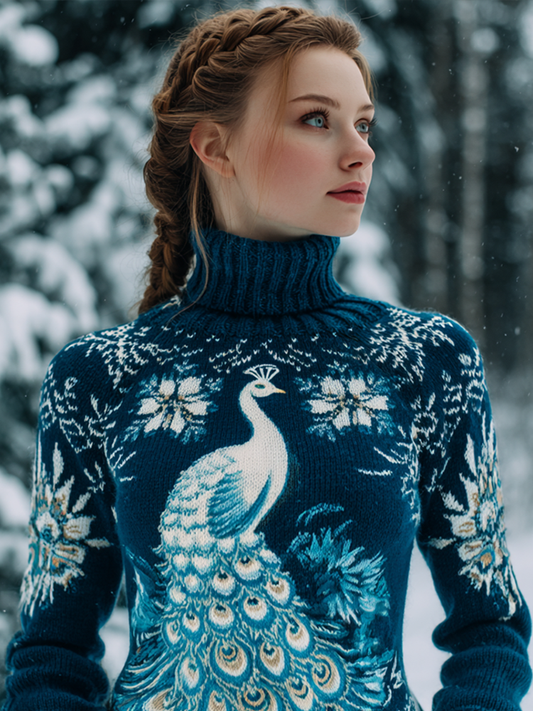 Ice And Snow Peacock Pattern Design Women's Winter Warmth Knit High Neck Sweater elevenforest