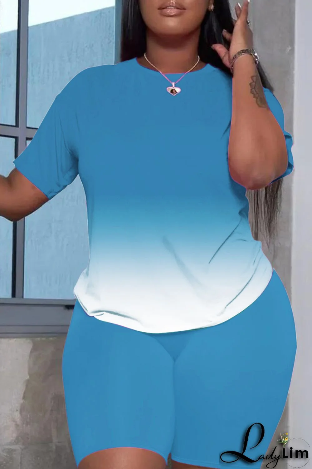 Grey Fashion Casual Street Sportswear Gradual Change Solid O Neck Plus Size Two Pieces