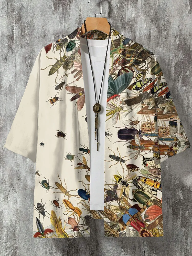 Men's Retro Boho Flying Insect Art Casual Kimono Cardigan