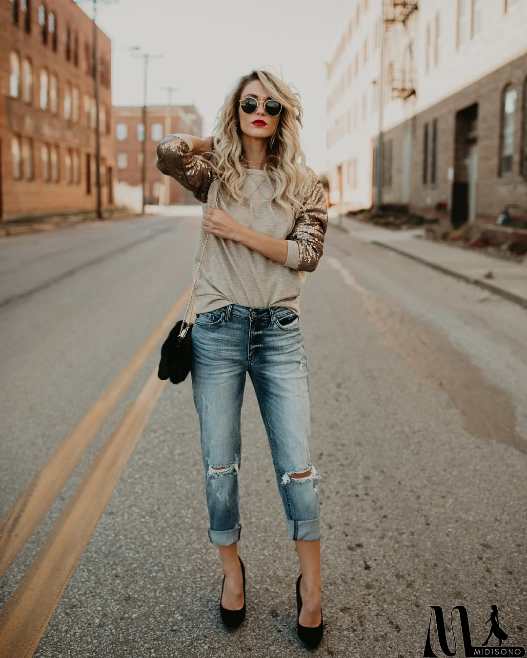 MidiSono - Fashion Round Neck Sequined Long-Sleeved T-Shirt