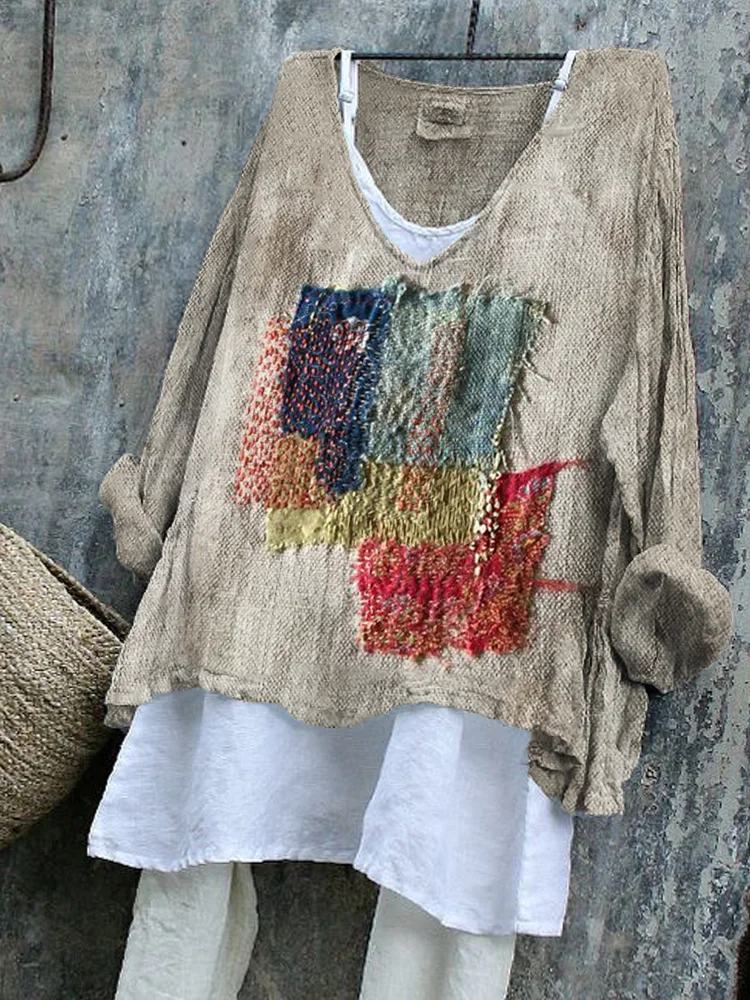 Utbros Colorful Patch Japanese Sashiko Art Linen Blend Tunic