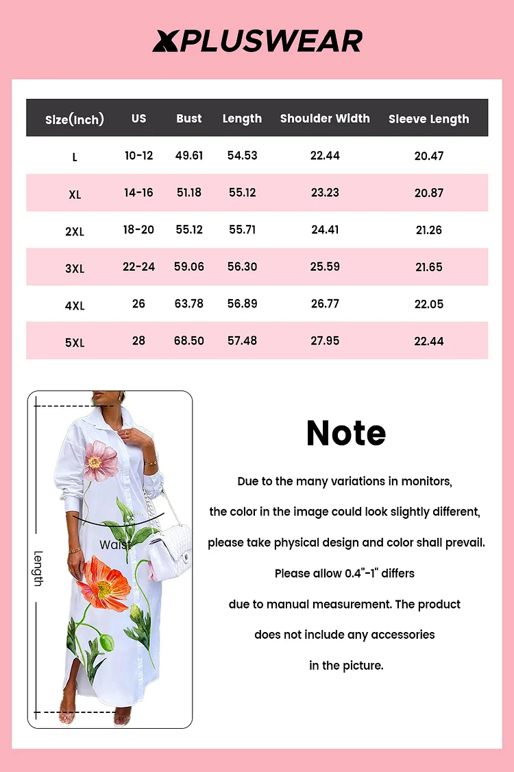 Plus Size Business Casual White Elegant Floral Shirt Collar Long Sleeve Maxi Dresses