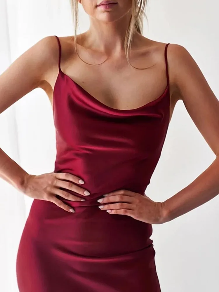 Summer 2022 Women's dress Satin emo Slip Sexy Dress Spaghetti Straps Burgundy Black Sleeveless Vintage Party Female Dress y2k
