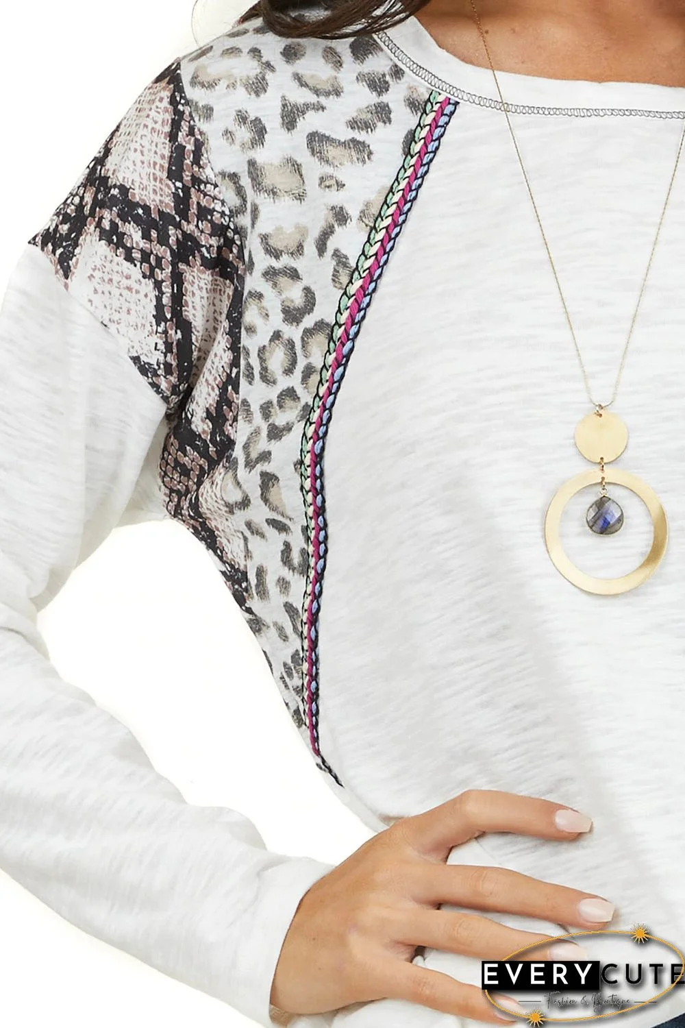 White Long Sleeve Top With Leopard Snakeskin Print