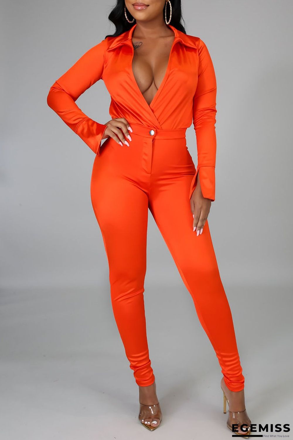 Tangerine Red Casual Solid Patchwork V Neck Long Sleeve Two Pieces | EGEMISS