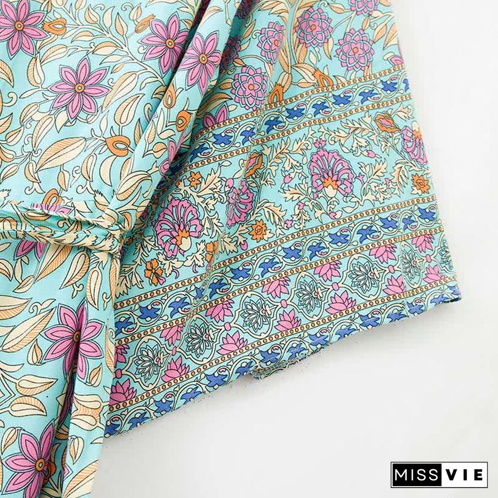 Boho Floral Print Belt Robe Long Cardigan Kimono Outerwear
