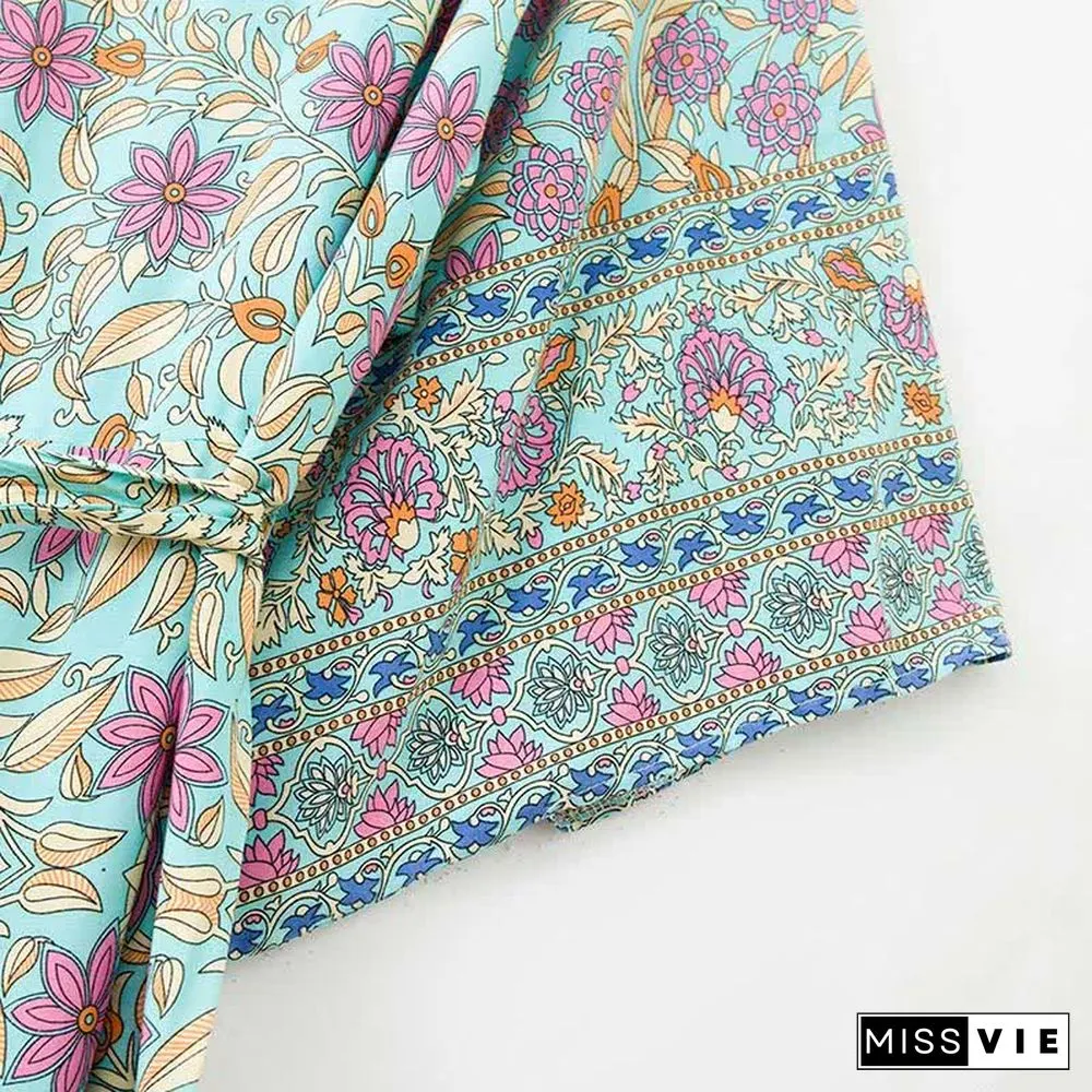 Boho Floral Print Belt Robe Long Cardigan Kimono Outerwear
