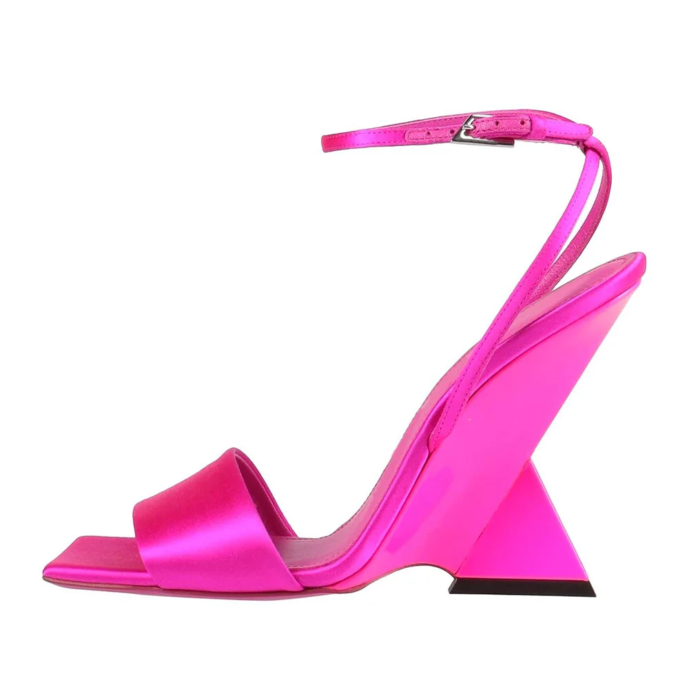 Fuchsia Square Toe Sculptural Heel Buckle Ankle Strap Women's Sandals
