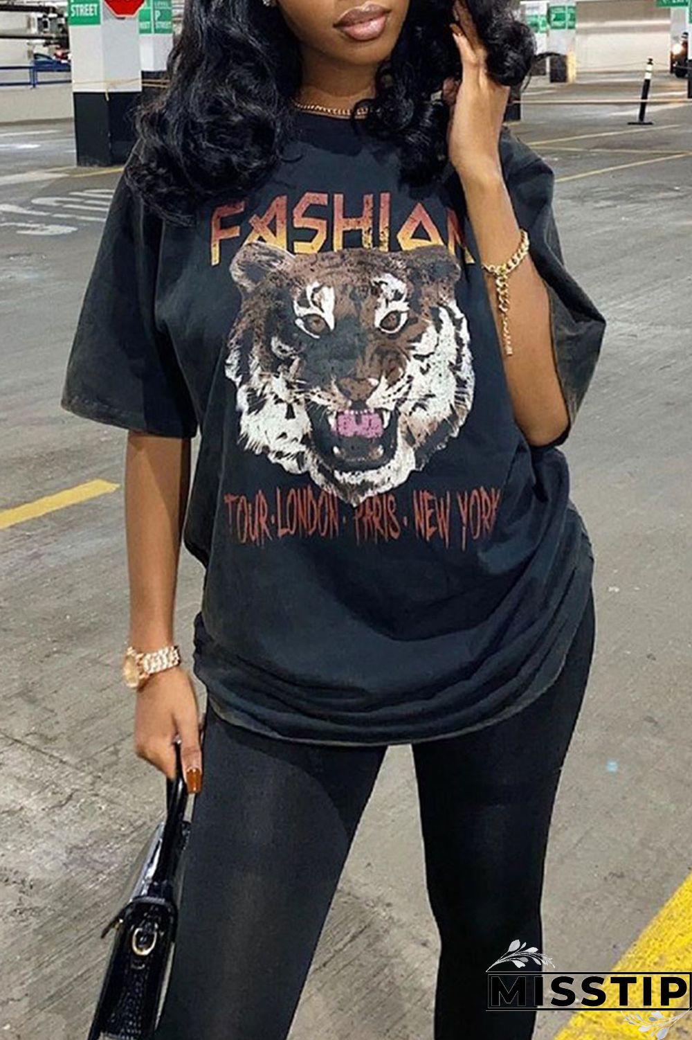 Black Casual Street Print Patchwork O Neck T-Shirts