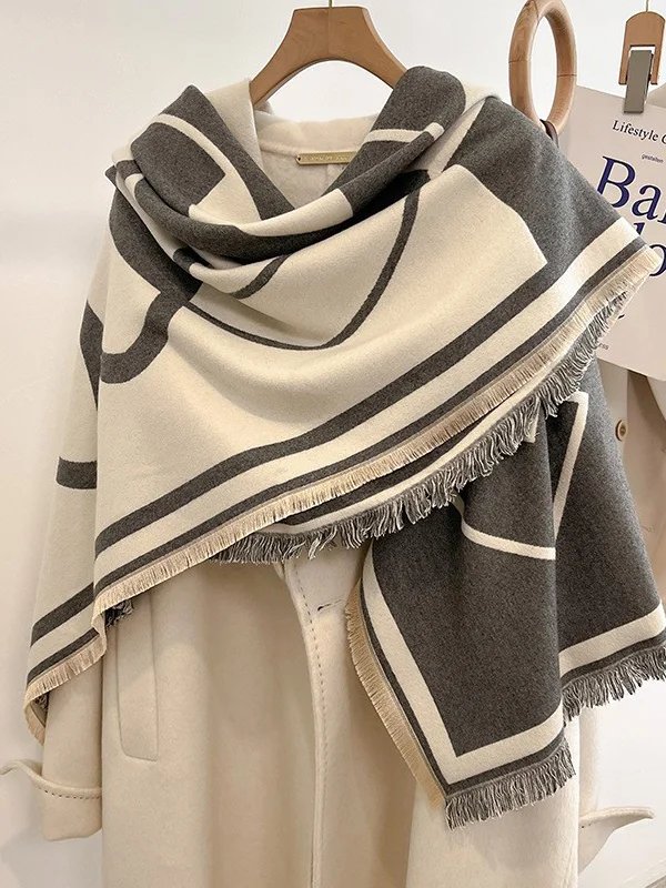 Contrast Color Fringed Keep Warm Printed Striped Shawl&Scarf