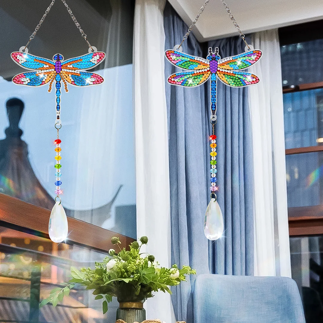 2Pcs Dragonfly DIY Double-Sided Diamond Painting Hanging Kits Diamond Painting Suncatcher Craft Kit for Home Garden Wall Decor Gift