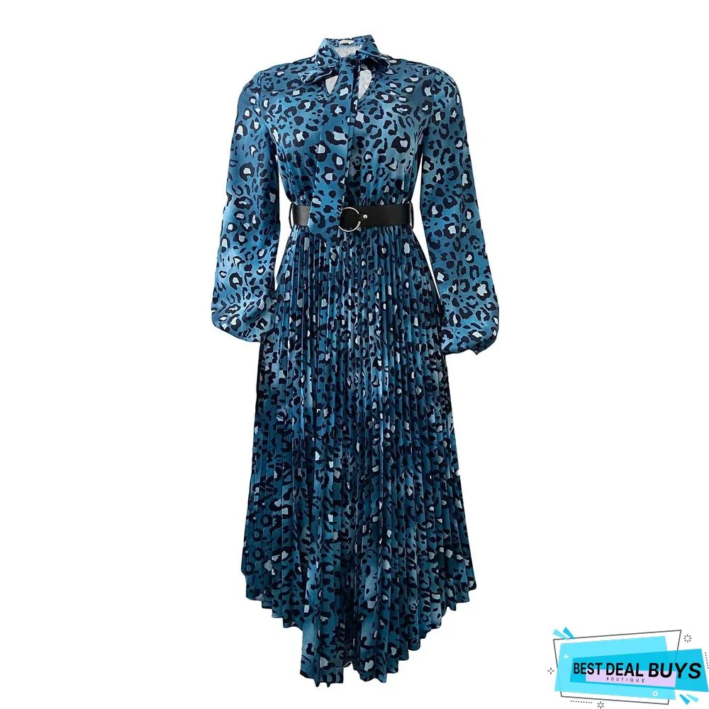 Long Sleeve Printed V-Neck Pleated Dress