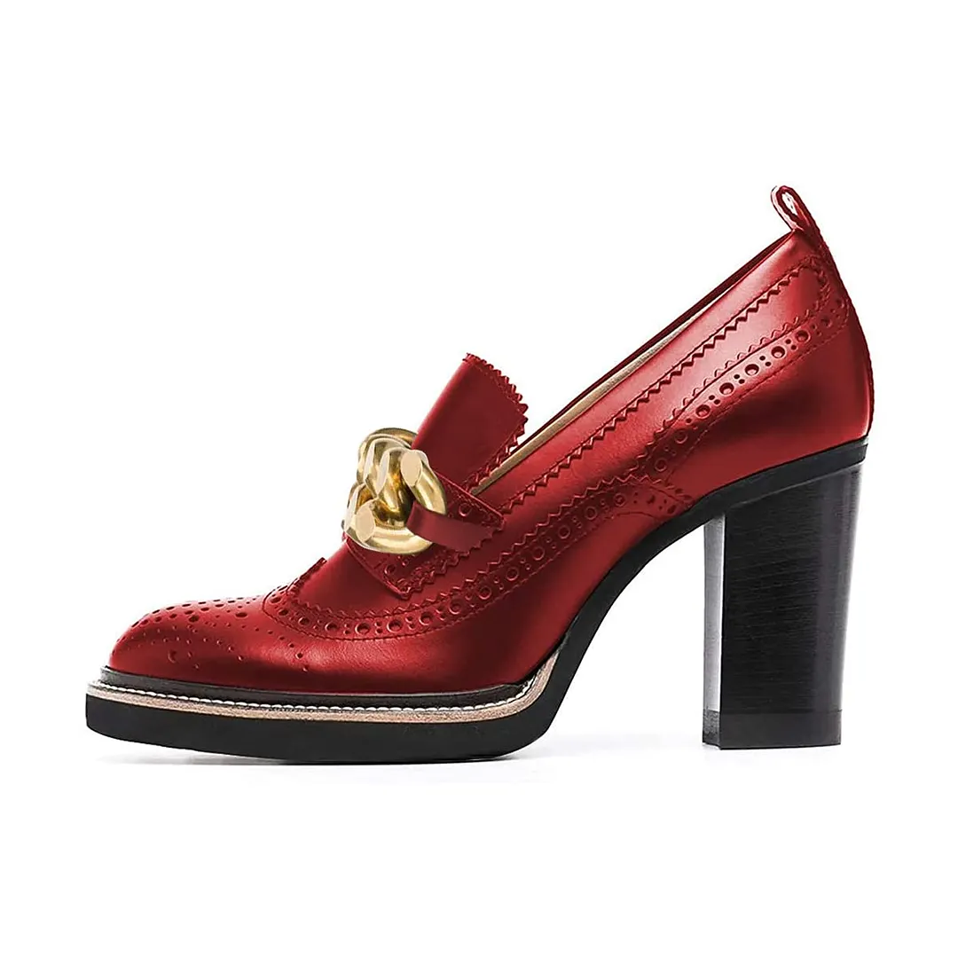 Red Round Toe Brogue Chunky Heel Chain Loafer Shoes Women